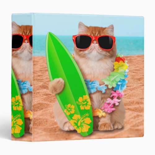 Beautiful surfer cat on the beach 3 ring binder