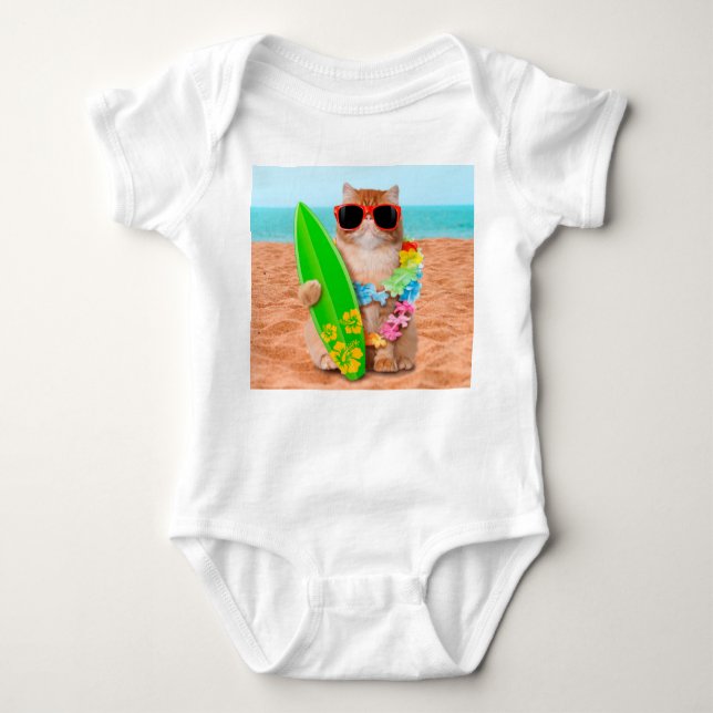 Beautiful surfer cat on the beach baby bodysuit (Front)