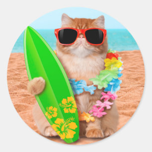 Beautiful surfer cat on the beach classic round sticker