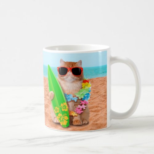 Beautiful surfer cat on the beach coffee mug