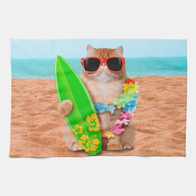 Beautiful surfer cat on the beach kitchen towel (Horizontal)