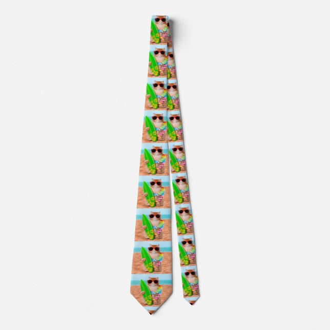 Beautiful surfer cat on the beach neck tie (Front)