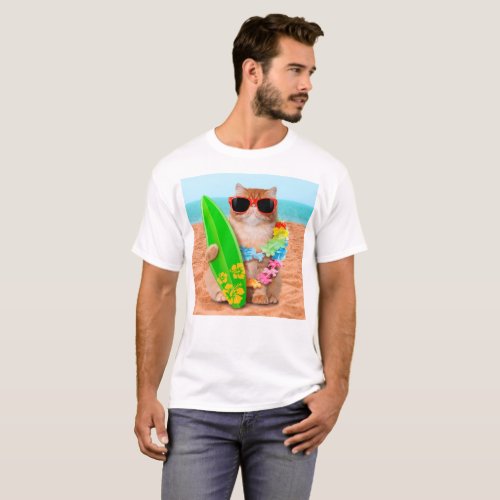 Beautiful surfer cat on the beach T_Shirt