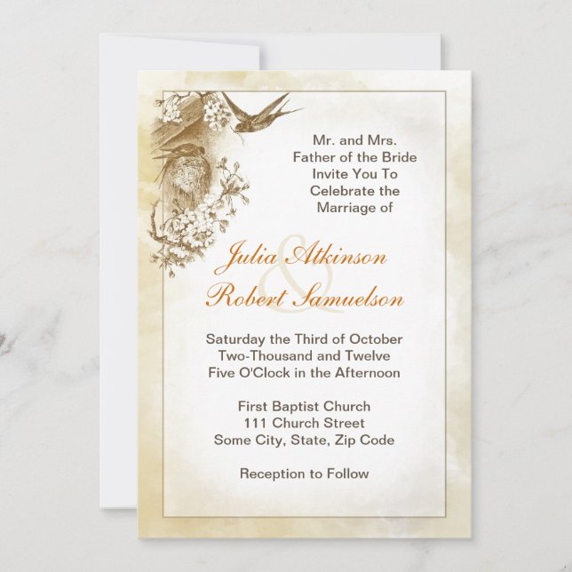beautiful swallow birds wedding invitation (Front)