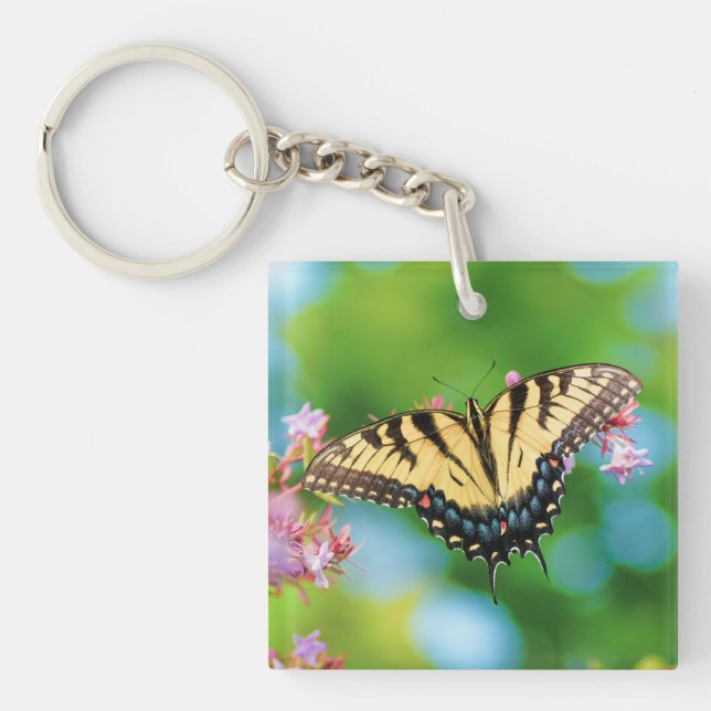 Beautiful Swallowtail butterfly on pretty flowers Keychain (Front)