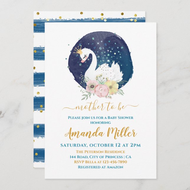 Beautiful Swan Delicate Navy Blue Boy Baby Shower Invitation (Front/Back)
