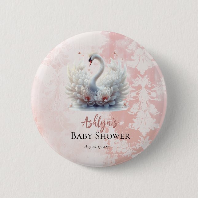 Beautiful Swan Floral Damask Baby Shower Favor Button (Front)