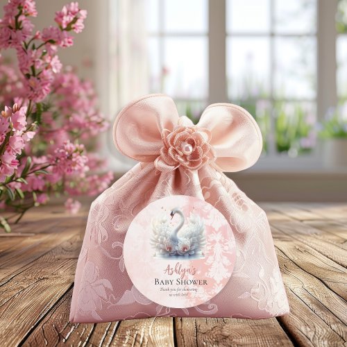 Beautiful Swan Floral Damask Baby Shower Favor Classic Round Sticker