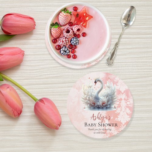 Beautiful Swan Floral Damask Baby Shower Favor Round Paper Coaster