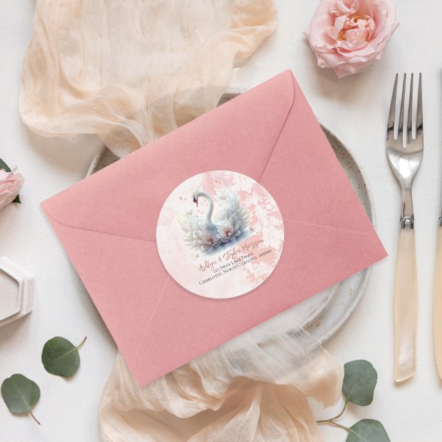 Beautiful Swan Floral Damask Return Address Classic Round Sticker (Beautiful Swan Pink Floral Damask Return Address Sticker)