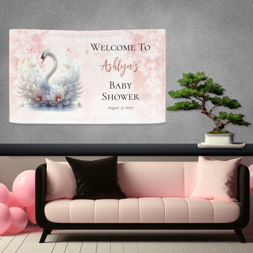 Beautiful Swan Pink Floral Damask Girl Baby Shower Banner