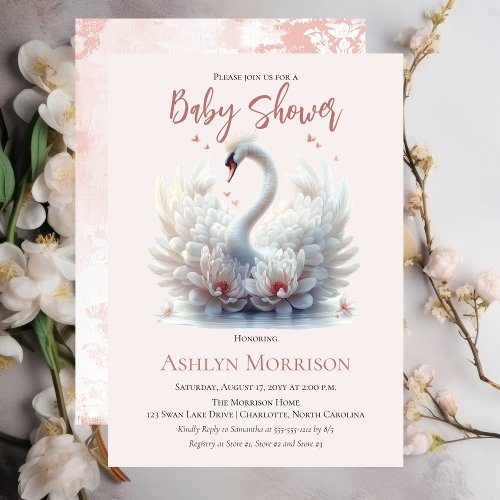 Beautiful Swan Pink Floral Damask Girl Baby Shower Invitation