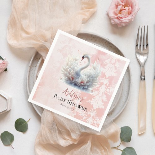 Beautiful Swan Pink Floral Damask Girl Baby Shower Napkins