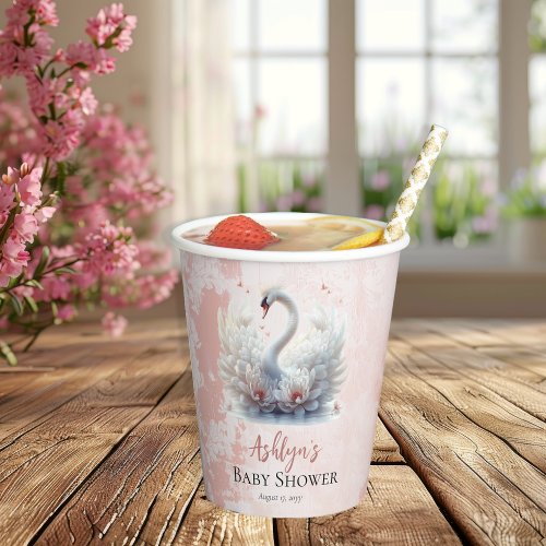 Beautiful Swan Pink Floral Damask Girl Baby Shower Paper Cups