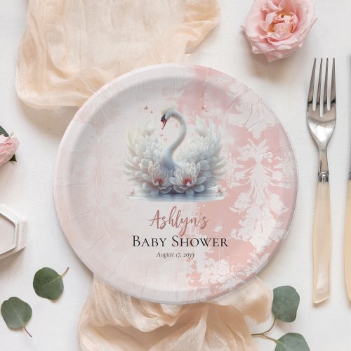 Beautiful Swan Pink Floral Damask Girl Baby Shower Paper Plates