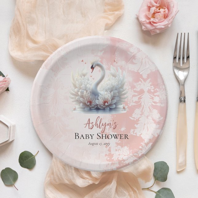 Beautiful Swan Pink Floral Damask Girl Baby Shower Paper Plates (Beautiful Swan Pink Lotus Flowers Floral and Damask Girl Baby Shower Paper Plates)