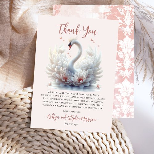 Beautiful Swan Pink Floral Damask Girl Baby Shower Thank You Card