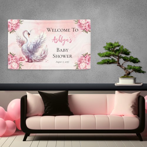 Beautiful Swan Pink Floral Girl Baby Shower Banner