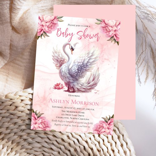 Beautiful Swan Pink Floral Girl Baby Shower Invitation