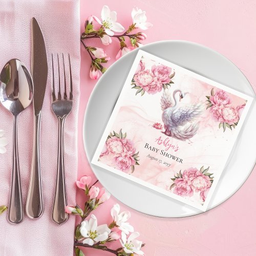 Beautiful Swan Pink Floral Girl Baby Shower Napkins