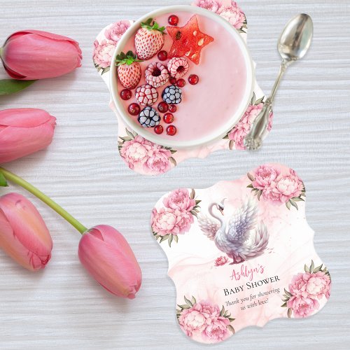 Beautiful Swan Pink Floral Girl Baby Shower Paper Coaster