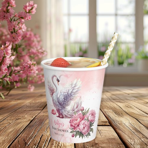 Beautiful Swan Pink Floral Girl Baby Shower Paper Cups