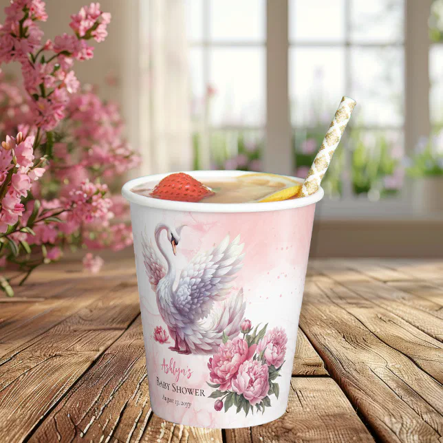 Beautiful Swan Pink Floral Girl Baby Shower Paper Cups | Zazzle