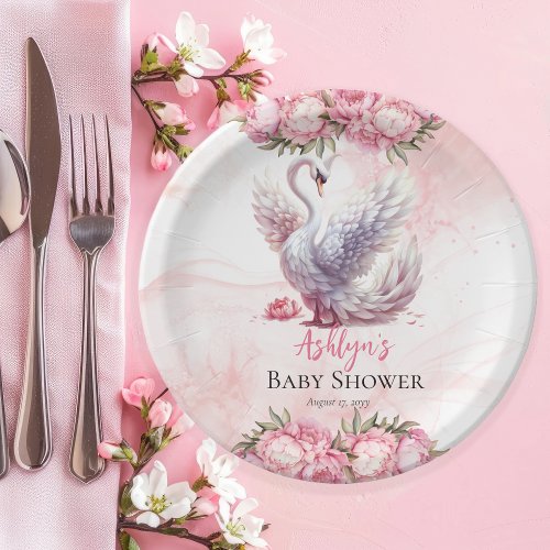 Beautiful Swan Pink Floral Girl Baby Shower Paper Plates