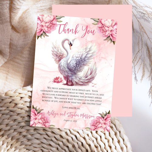 Beautiful Swan Pink Floral Girl Baby Shower Thank You Card