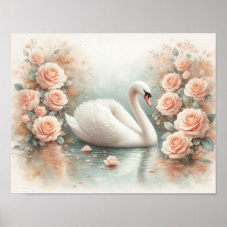 Beautiful Swan & Roses Painting Poster