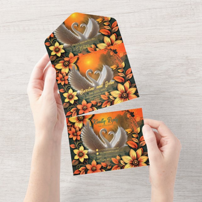 Beautiful swans in love.  all in one invitation (Tearaway)