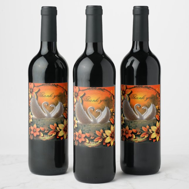 Beautiful swans in love. wine label (Bottles)
