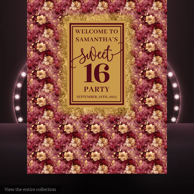 Beautiful Sweet Sixteen Burgundy Gold Decor Tapestry (Elegant Sweet 16 Burgundy Gold Floral Backdrop)