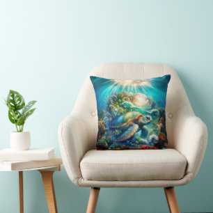 Beautiful Swimming Sea Turtle Throw Pillow