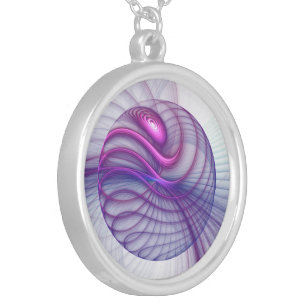 Beautiful Swing Modern Abstract Fractal Art Pink Silver Plated Necklace