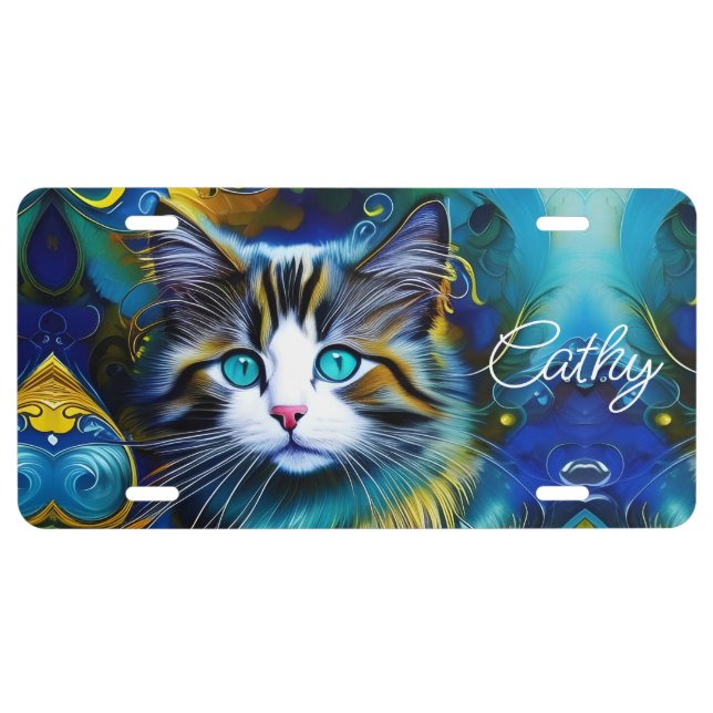 Beautiful Tabby cat in blues and golds License Plate (Front)