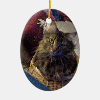 Beautiful Tabby Maine Coon Kitty Cat in a Basket Ceramic Ornament