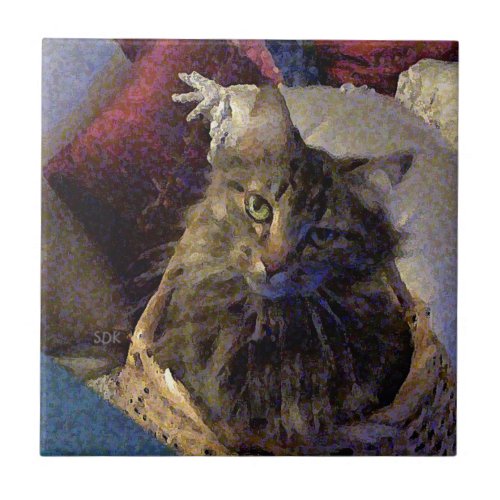 Beautiful Tabby Maine Coon Kitty Cat in a Basket Tile