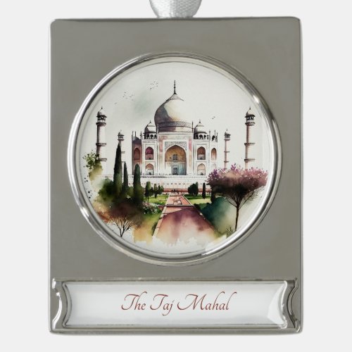 Beautiful Taj Mahal Watercolor Painting Silver Plated Banner Ornament