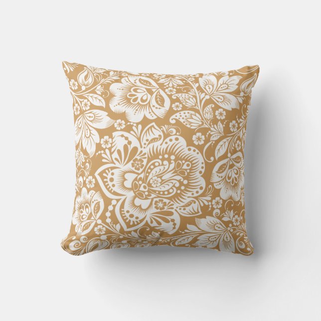 Beautiful Tan And White Flowers Pattern Throw Pillow (Front)