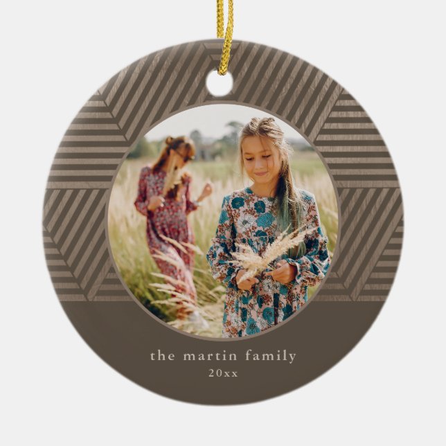 Beautiful Taupe Geometric Pattern Photo Christmas Ceramic Ornament (Front)