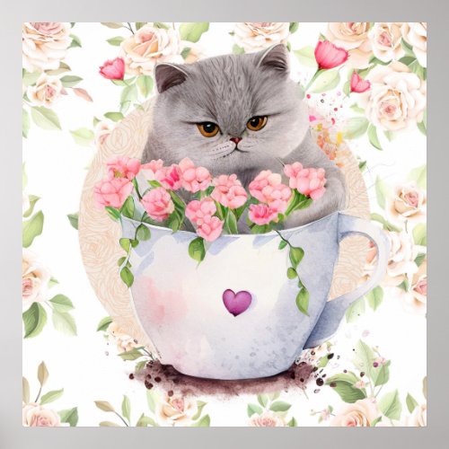   beautiful teacup kitten  vintage art  poster