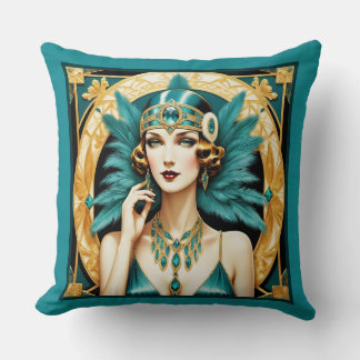 Beautiful Teal and Gold Art Deco Flapper Throw Pillow