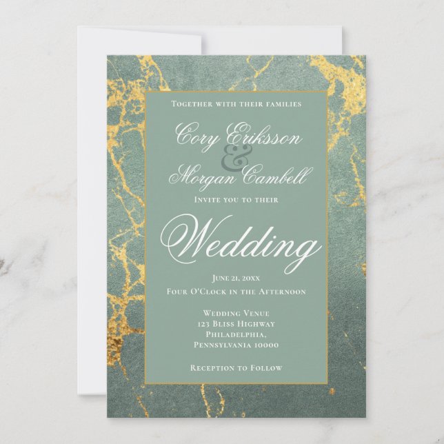 Beautiful Teal And Gold Marbling Wedding Announcement (Front)