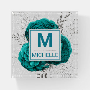Beautiful Teal and Silver Glitter Flowers Monogram Paperweight