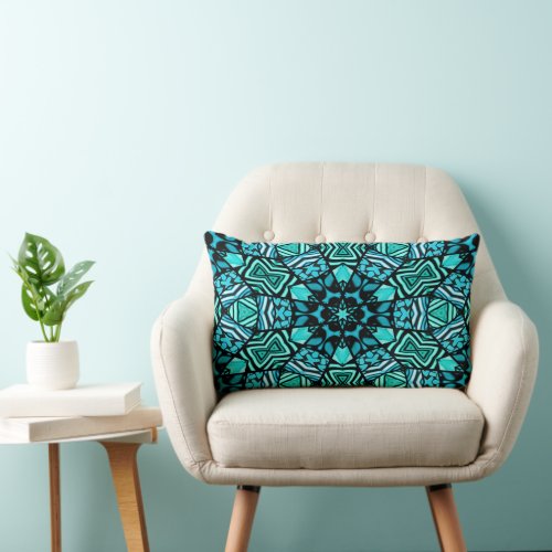 Beautiful Teal Aqua Turquoise Ethnic Mosaic Art Lumbar Pillow