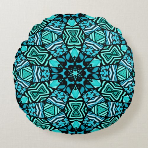 Beautiful Teal Aqua Turquoise Ethnic Mosaic Art Round Pillow