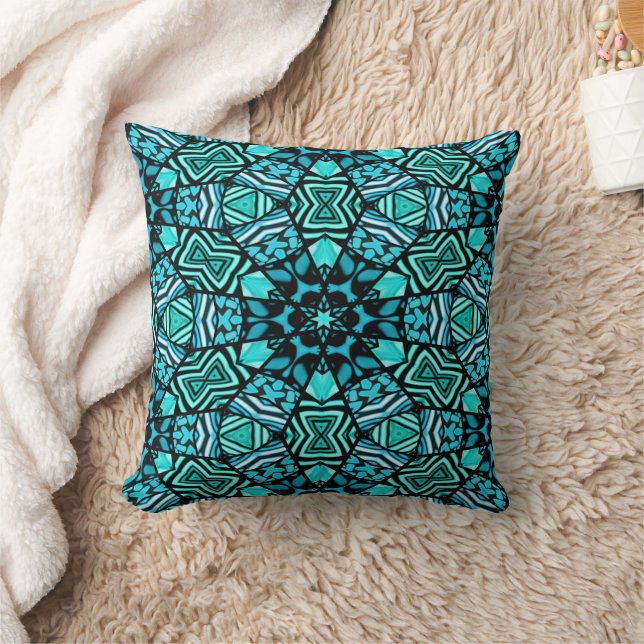 Beautiful Teal Aqua Turquoise Ethnic Mosaic Art Throw Pillow (Blanket)