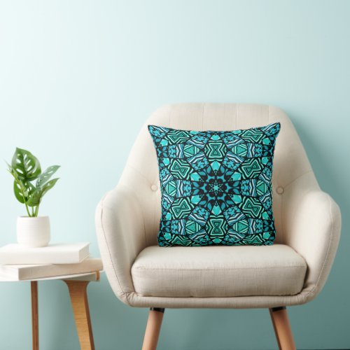 Beautiful Teal Aqua Turquoise Ethnic Mosaic Art Throw Pillow