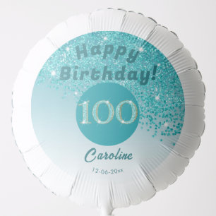 Beautiful Teal Blue Glitter 100th Birthday Party Balloon